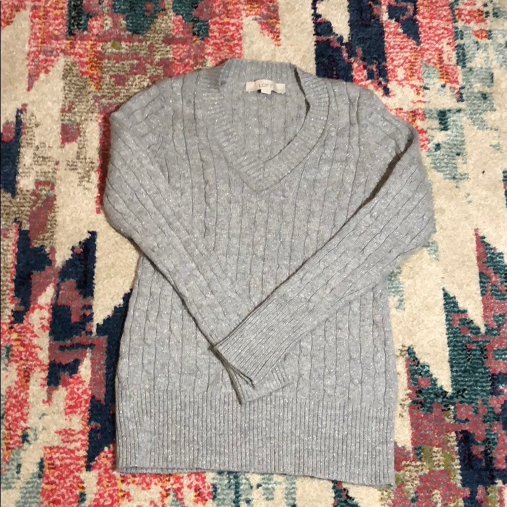 LOFT Silver Metallic Cable knit V-Neck Sweater
